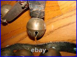 SLEIGH BELLS Antique Brass Leather Belt Primitive Country Farm HORSE 2 SIGNED HS