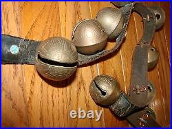 SLEIGH BELLS Antique Brass Leather Belt Primitive Country Farm HORSE 2 SIGNED HS