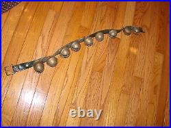 SLEIGH BELLS Antique Brass Leather Belt Primitive Country Farm HORSE 2 SIGNED HS