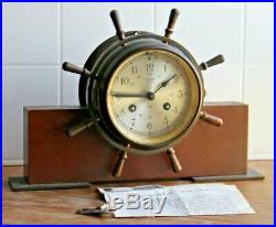 Salem Clock (ships) on Mahogany Base 8-day & bell. With Key & paperwork