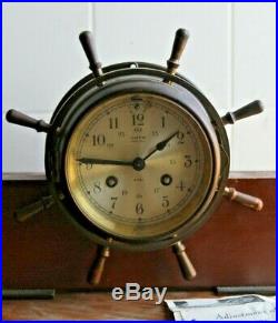 Salem Clock (ships) on Mahogany Base 8-day & bell. With Key & paperwork