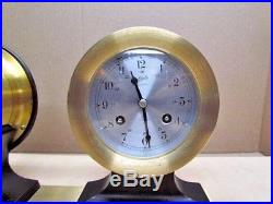 Schatz German 8 Day Ships Bell Clock & Barometer On Base Serviced & Adjusted