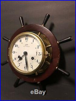 Schatz ROYAL MARINER Ship's 8 Day Bell Key Wind Clock Wood Ship Wheel Design Vtg