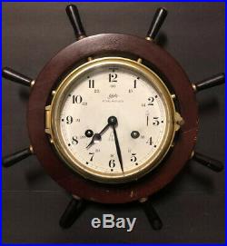 Schatz ROYAL MARINER Ship's 8 Day Bell Key Wind Clock Wood Ship Wheel Design Vtg