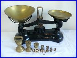 Set Antique Libra Cast Iron Balance Scales & Brass Bell Pounds Ounces Weights