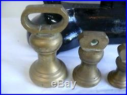 Set Antique Libra Cast Iron Balance Scales & Brass Bell Pounds Ounces Weights