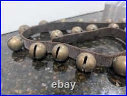 Set Of 18 Antique Brass Sleigh Bells On 32 Leather Strap