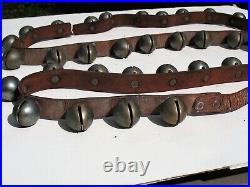 Set Of 36 Antique Nickel Plated Brass Sleigh Bells On A 7 1/2 Foot Leather Belt