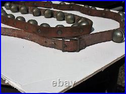 Set Of 36 Antique Nickel Plated Brass Sleigh Bells On A 7 1/2 Foot Leather Belt