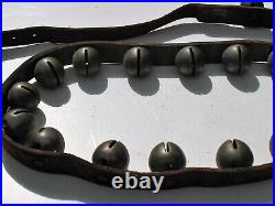 Set Of 36 Antique Nickel Plated Brass Sleigh Bells On A 7 1/2 Foot Leather Belt