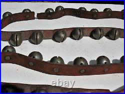 Set Of 36 Antique Nickel Plated Brass Sleigh Bells On A 7 1/2 Foot Leather Belt