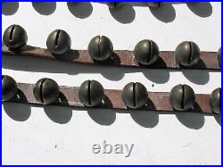 Set Of 36 Antique Nickel Plated Brass Sleigh Bells On A 7 1/2 Foot Leather Belt