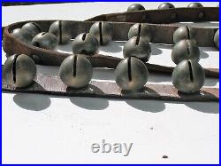 Set Of 36 Antique Nickel Plated Brass Sleigh Bells On A 7 1/2 Foot Leather Belt