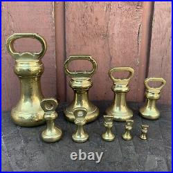 Set Of 9 Antique English Brass Scale Weights With Handles Bell Butcher