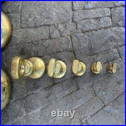 Set Of 9 Antique English Brass Scale Weights With Handles Bell Butcher