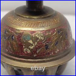 Set of 2 Antique Elephant Claw Brass Bells Hand Etched With Colored Enamel