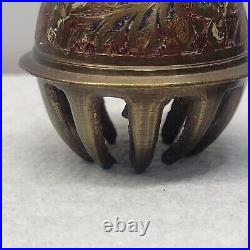 Set of 2 Antique Elephant Claw Brass Bells Hand Etched With Colored Enamel