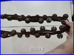 Set of 30 Antique Brass Sleigh Bells on Original Leather Harness with buckle