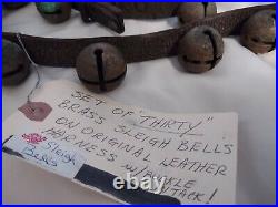 Set of 30 Antique Brass Sleigh Bells on Original Leather Harness with buckle