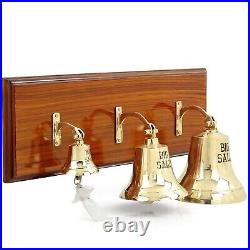 Set of 3 Solid Brass Polished Ship's Hanging Bells on Varnished Wooden Plaque