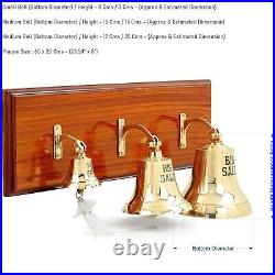 Set of 3 Solid Brass Polished Ship's Hanging Bells on Varnished Wooden Plaque