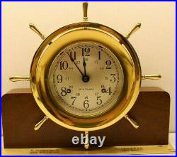 Seth Thomas Brass Helmsman E537-001 8 Day Ships Bell Clock On Wood Base Has Key