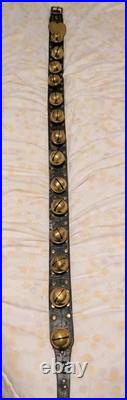 Sleigh Bells with Leather Strap Unbrand Brass Bronze Vtg 4ft Long 14 Bells Heart