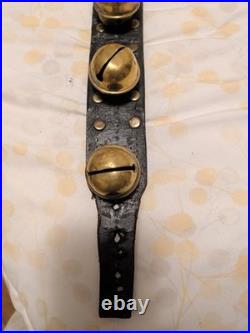 Sleigh Bells with Leather Strap Unbrand Brass Bronze Vtg 4ft Long 14 Bells Heart