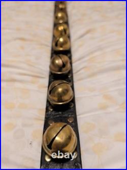 Sleigh Bells with Leather Strap Unbrand Brass Bronze Vtg 4ft Long 14 Bells Heart