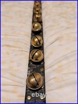 Sleigh Bells with Leather Strap Unbrand Brass Bronze Vtg 4ft Long 14 Bells Heart