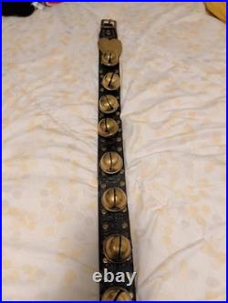Sleigh Bells with Leather Strap Unbrand Brass Bronze Vtg 4ft Long 14 Bells Heart