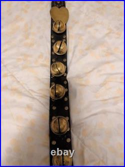Sleigh Bells with Leather Strap Unbrand Brass Bronze Vtg 4ft Long 14 Bells Heart