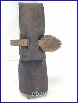 Small Antique Brass Bronze Metal Cow Bell Leather Collar Strap Carved Wood Wedge