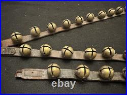 String of 34 1 Antique 1878 Brass Sleigh Bells Great Bells, Strap Not So Much