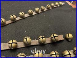 String of 34 1 Antique 1878 Brass Sleigh Bells Great Bells, Strap Not So Much