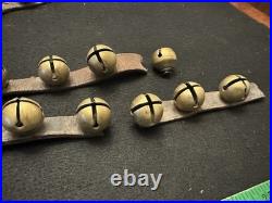 String of 34 1 Antique 1878 Brass Sleigh Bells Great Bells, Strap Not So Much