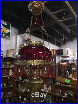 Stunning Deep Cranberry Red Hanging Parlor Lamp With Matching Bell & Prisms
