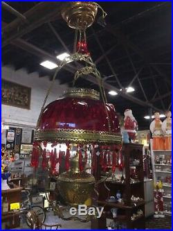 Stunning Deep Cranberry Red Hanging Parlor Lamp With Matching Bell & Prisms