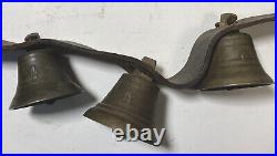 Swiss Sleigh Bells 3 Bronze Bells 4 Brass Bells Leather Strap ca. 1890 Antique