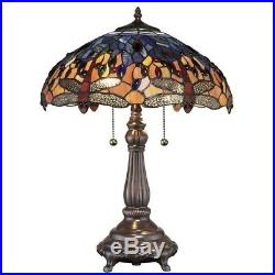 Table Lamp Red Dragonfly Bronze Stained Glass Alloy Hardware Blue Bell 25 in