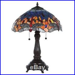 Table Lamp Red Dragonfly Bronze Stained Glass Alloy Hardware Blue Bell 25 in