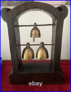 Thai Buddhist Temple Meditation 3 Brass Bells on Wooden Stand
