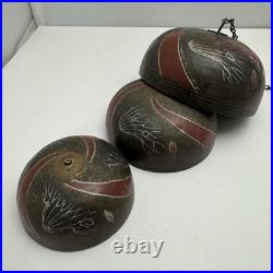 Three Graduated Temple Bells Japanese Or Chinese Metal Hanging Set Needs Repair