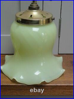 Two matching converted Antique brass ceiling lights green glass bell shades