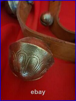 UNIQUE Antique Decorated Brass Cow or Sleigh Bells on Leather Strap 21 Bells