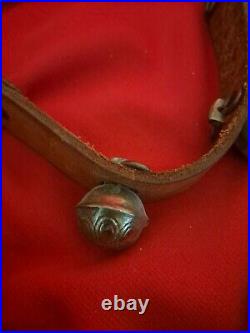 UNIQUE Antique Decorated Brass Cow or Sleigh Bells on Leather Strap 21 Bells