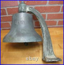 USN UNITED STATES NAVY Old Brass Nickel Bell w Bracket Nautical Ship Boat C-58