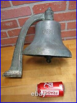 USN UNITED STATES NAVY Old Brass Nickel Bell w Bracket Nautical Ship Boat C-58