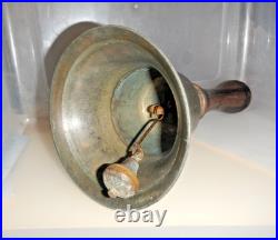 Unique Antique Hand Held Bell Farm/ School Cast Brass 10 Tall 5 1/8 Wide