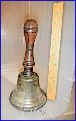 Unique Antique Hand Held Bell Farm/ School Cast Brass 10 Tall 5 1/8 Wide